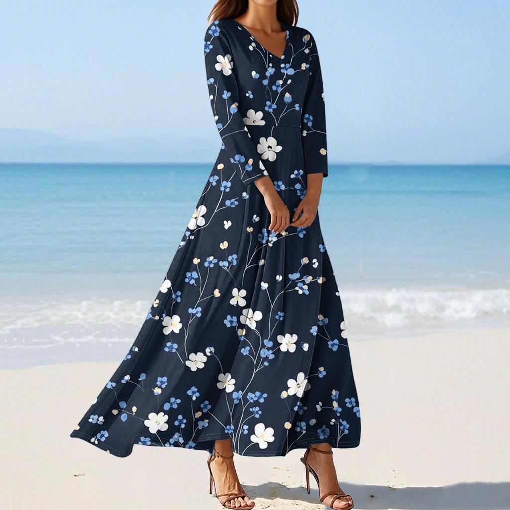 Vestidos de Praia Flutuantes com Decote em V da Moda Feminina, Vestidos Estampados Florais de Sete Mangas