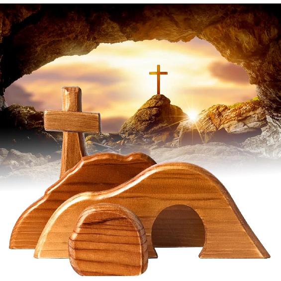Easter Resurrection Scene Set, Easter Wooden Decorations Religious, Jesus Nativity Christ Statue Decoration, Empty Tomb Tabletop Ornaments Cross