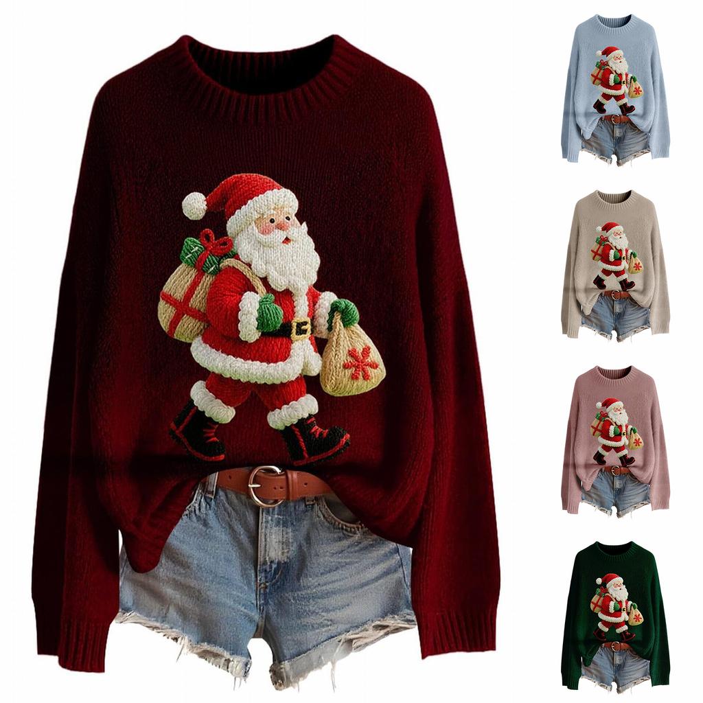 Women's Fashion Christmas Print Pullover Long-Sleeve  Neck Knit Sweater Top