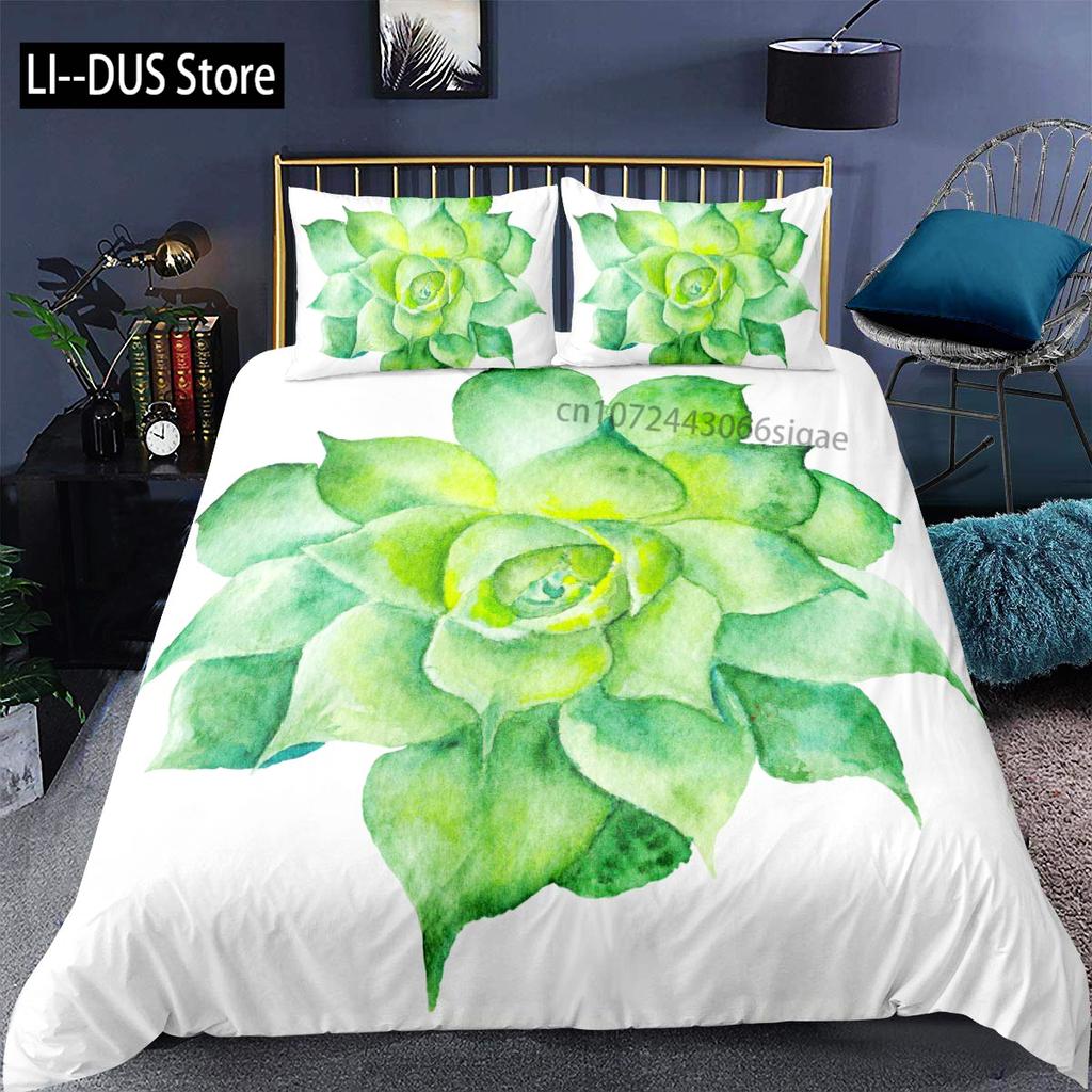 Succulents Bedding Set Green Plant Duvet CoverTropical Botanical Comforter CoverQuilt Cover for Bedroom Decor Full Size 3pcs