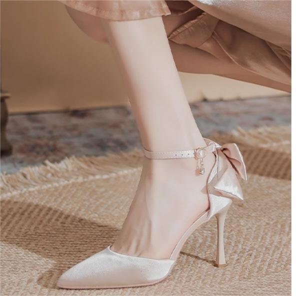 Fashion Women Elegant Nude High Heels Pumps Shallow Mouth Slip on Stiletto High Heel Shoes Woman Sexy Bows Point Toe Party Banquet Shoes