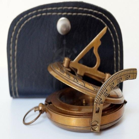 Antique Brass Magnetic Sundial 3" Compass With Handmade Black Leather Case Gift
