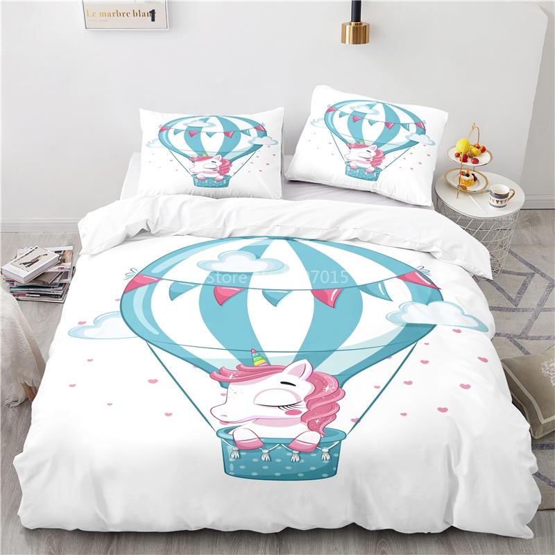 Cute Unicorn Pattern 3d Bedding Set Bed Linen 2/3pcs Blue Duvet Cover Set with Pillowcase Twin Full Queen King Size Home Textile