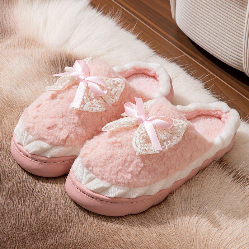 Women's Cozy Plush Bow Cotton Slippers - Anti-Slip, Warm, Cute Design for Autumn/Winter 2024
