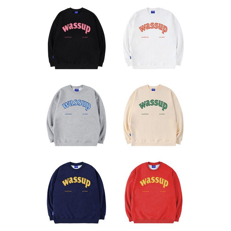 Wassup Heods Heavyweight Sweatshirt for Men, Fleece-Lined, American High Street Fashion Brand, Autumn and Winter Couple Style, Crew Neck Pullover Top