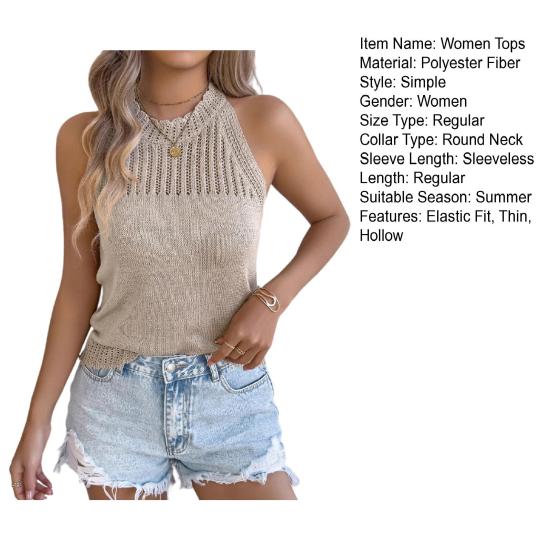 Women Tops Slim Fit Solid Color Summer Blouse Round Neck Sleeveless Hollow Design Soft Stretchy Knitting Tops Casual Wear