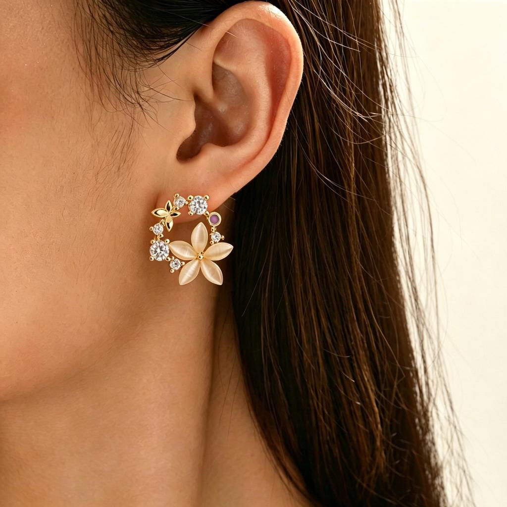 Geometric Sweet Five Petal Flower Zircon Stud Earrings Women European American High End Daily Dating Jewelry Gift