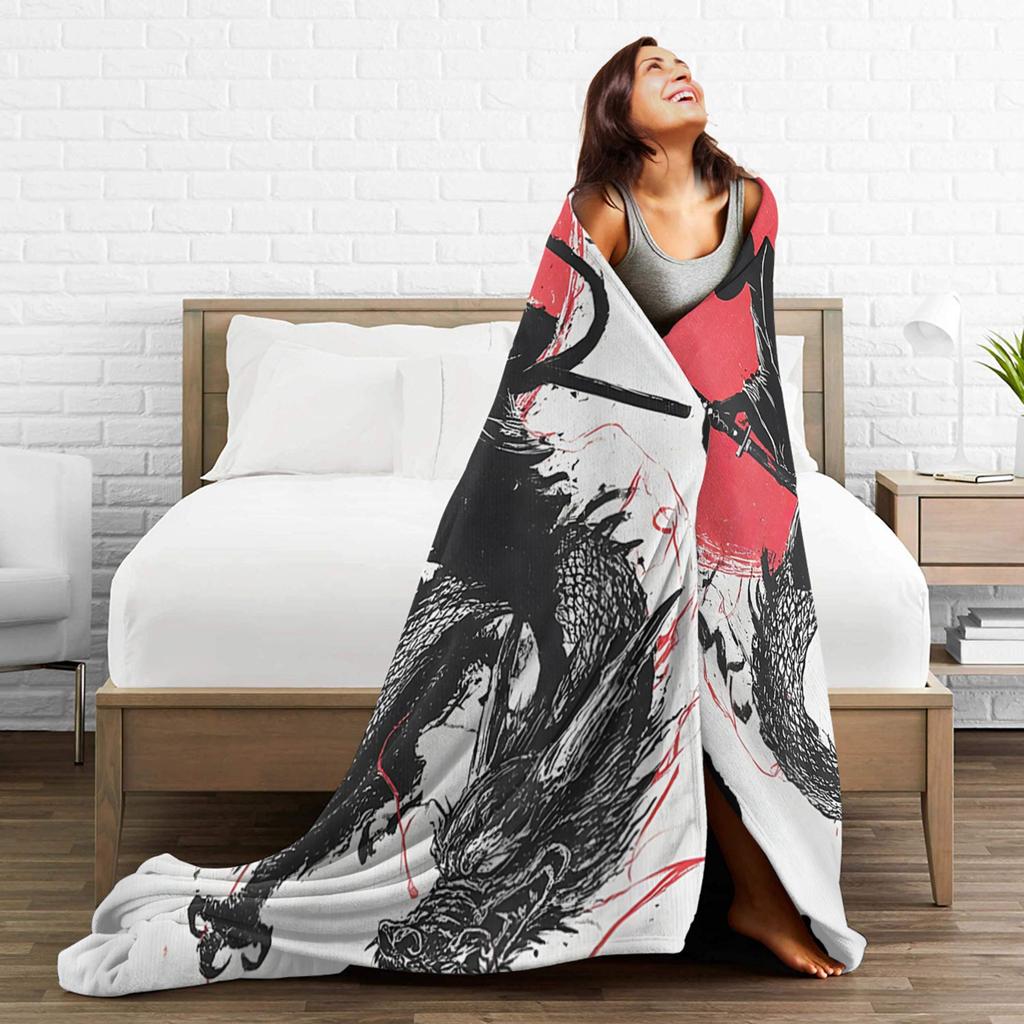 Ukiyo-e Samurai Japanese Ink Art Cat Fashion Blanket Flannel Autumn Winter Vintage Artwork Multifunction Thin Throw Fashion Blanket Bedsprea