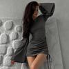 2024 Autumn Women's Fashion Bell Sleeve Drawstring Dress
