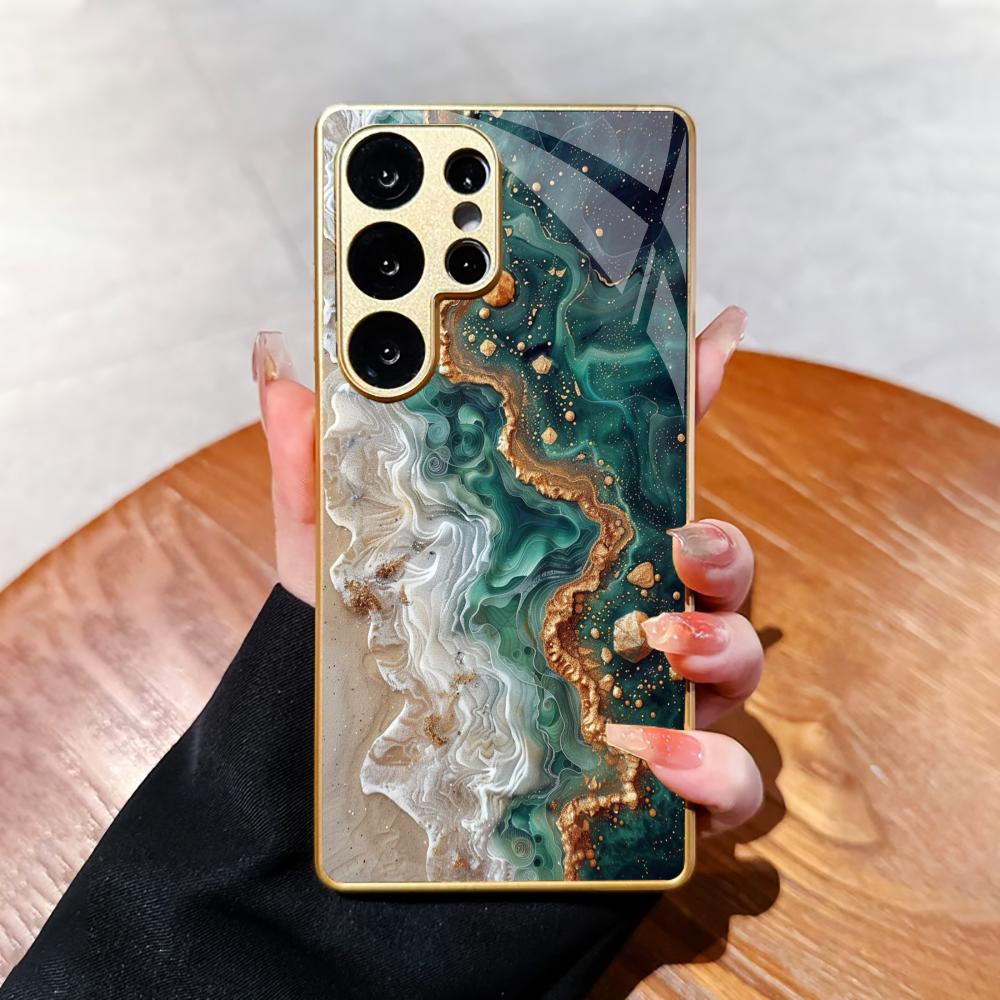 Green Sand Flow Pattern Glass Phone Case for Samsung Galaxy S26 22 23 24 25 PLUS S21 22 23 24 25 ULTRA Back Cover