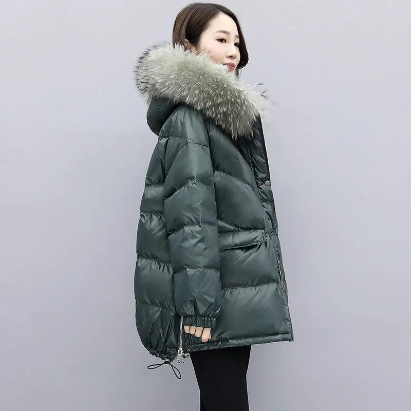 Women's Mid-Length Loose Down Padded Jacket for Winter - Korean-Style with Big Fur Collar