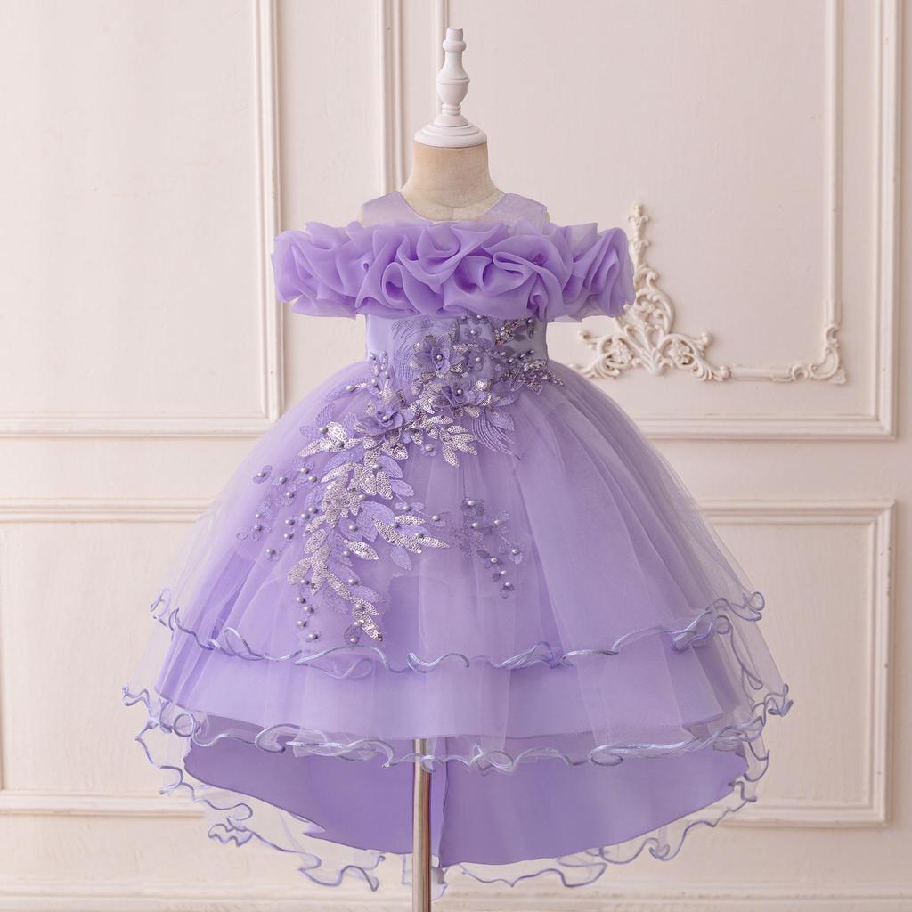 Sequin Princess Train Dress for Girls - Puffy Tulle Wedding and Evening Performance Dress