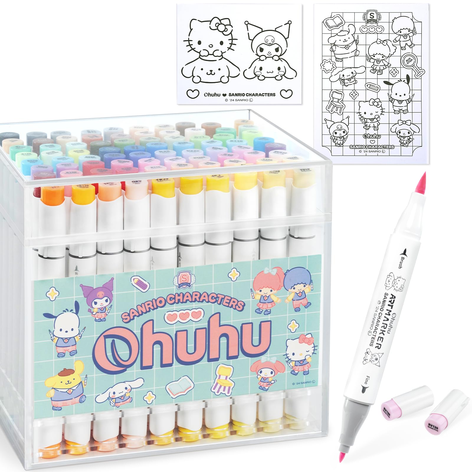 

Sanrio Characters x Ohuhu Illustration Markers, Brush Type, Fine Tip, 80 Colors (81 Pens), Professional Grade, Pastel Colors, Light Colors, Alcohol-Ba