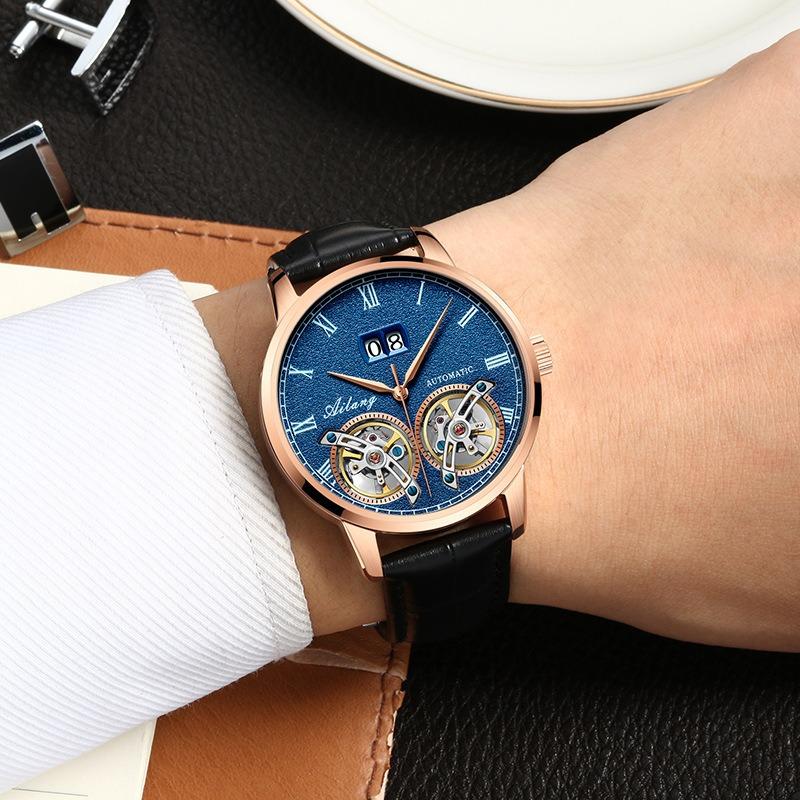 AILANG Herrenuhr, vollautomatische mechanische Uhr, doppeltes Schwungrad, wasserdicht, Kalendergürtel, Herrenuhr