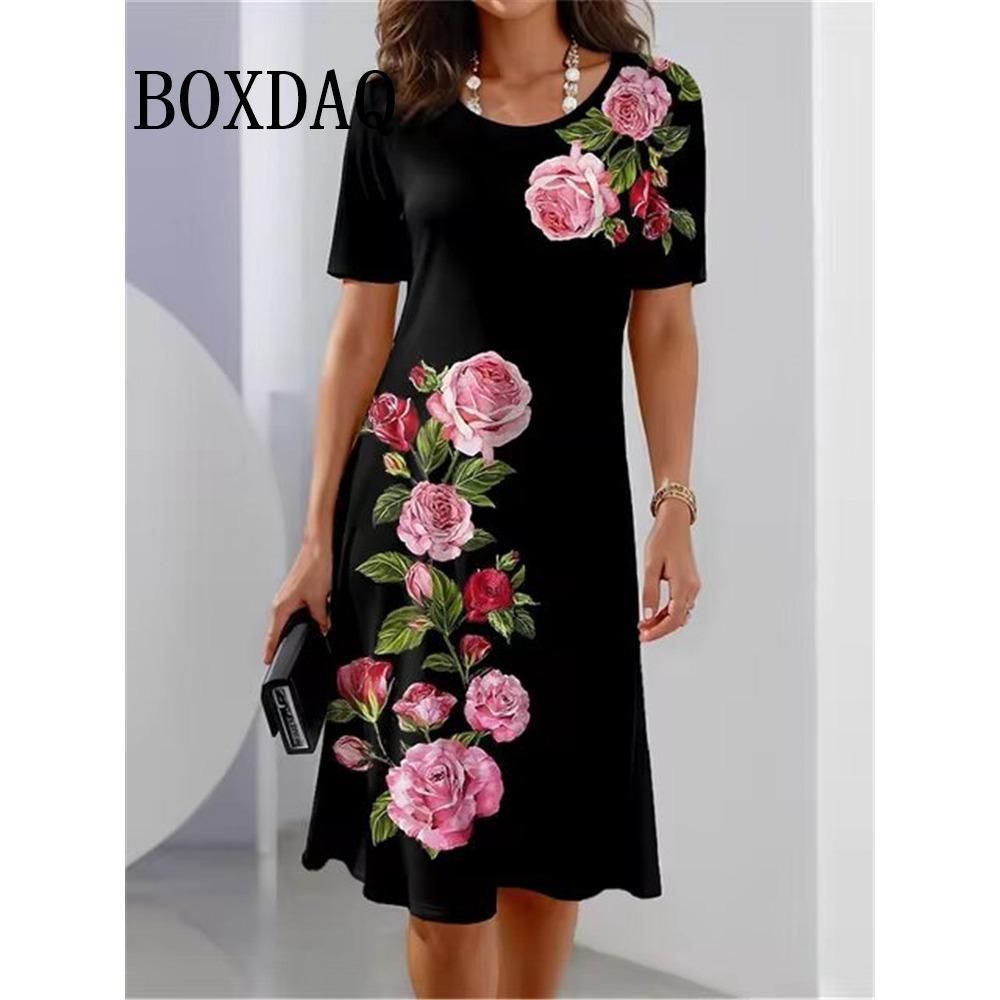 Women Casual Dresses Summer Vintage Style Female O-Neck Flower Printed Dress Loose Ladies Clothing S