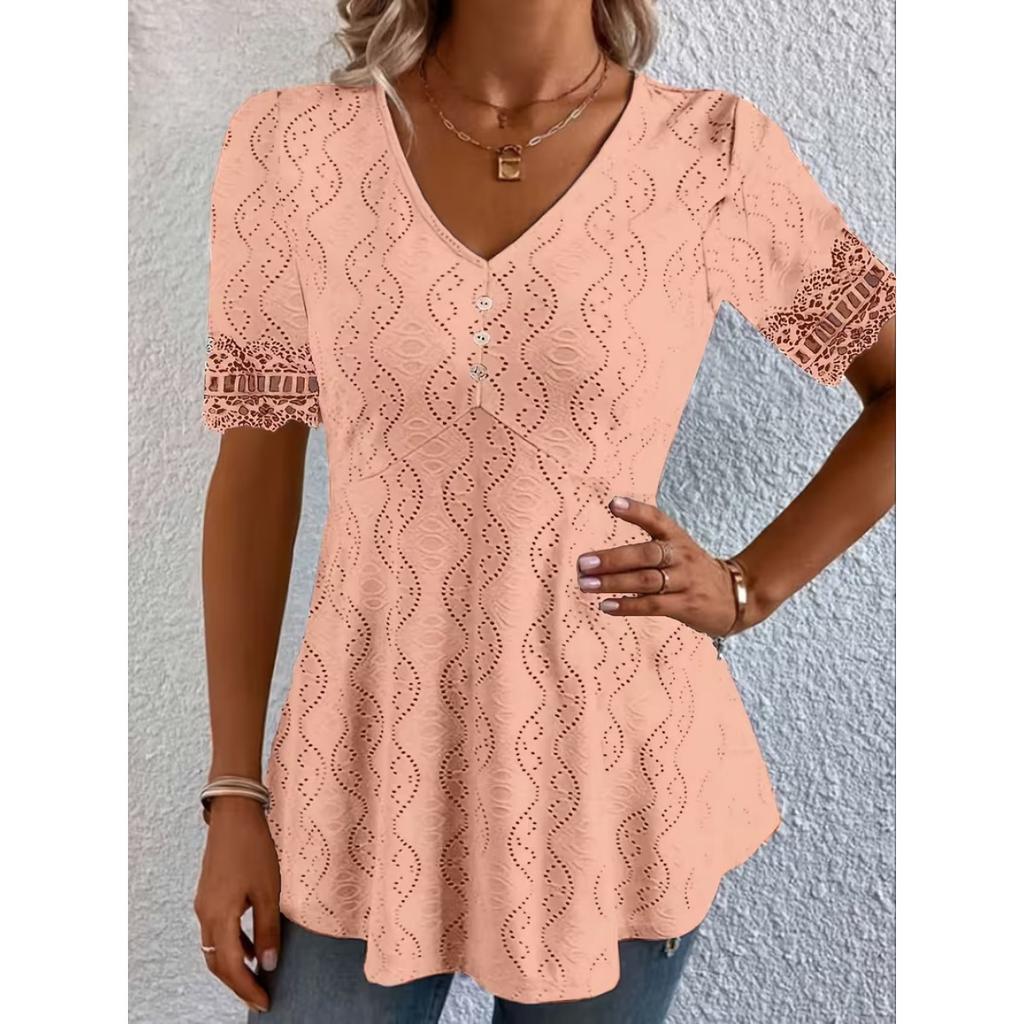 Summer New Women's V-Neck Jacquard Hollow Out Lace Waist-Cinched Fashion Short Sleeve Top T-Shirt for Women