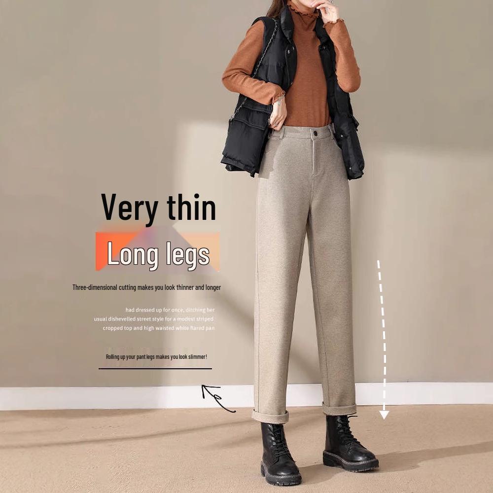 Women's Black Wool Fleece-Lined High Waist Loose Straight-Leg Harem Pants for Autumn and Winter