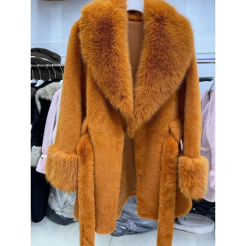 2025 New Big Fur Collar Long Slim Jacket Mink Imitation Fox Fur Plush Coat High Fashion Version