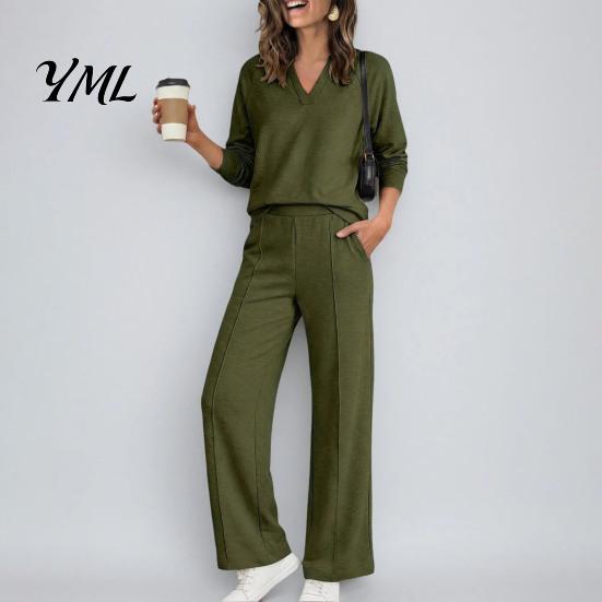 Solid Color Matching Sets Women Sweatshirt Pants 2-Piece Set, V-Neck Long Sleeve Top & Wide Fabric Fitness Clothing Leg Trousers with Elastic