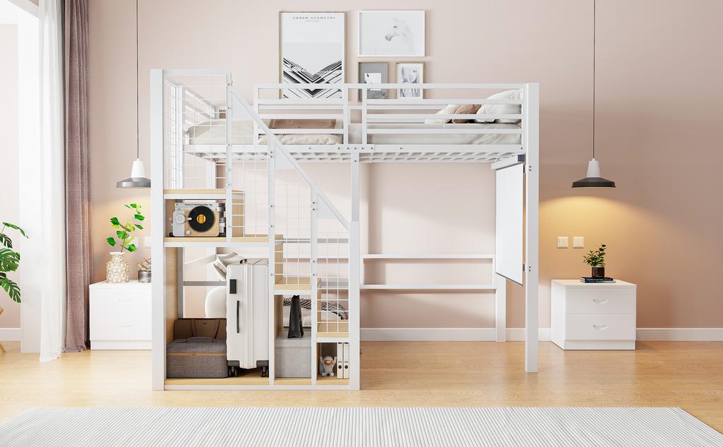 Loft Bed with Safety Ladder 90*200, Children's Bed with Iron Frame and Storage Area, Youth Bed, Single Bed, White