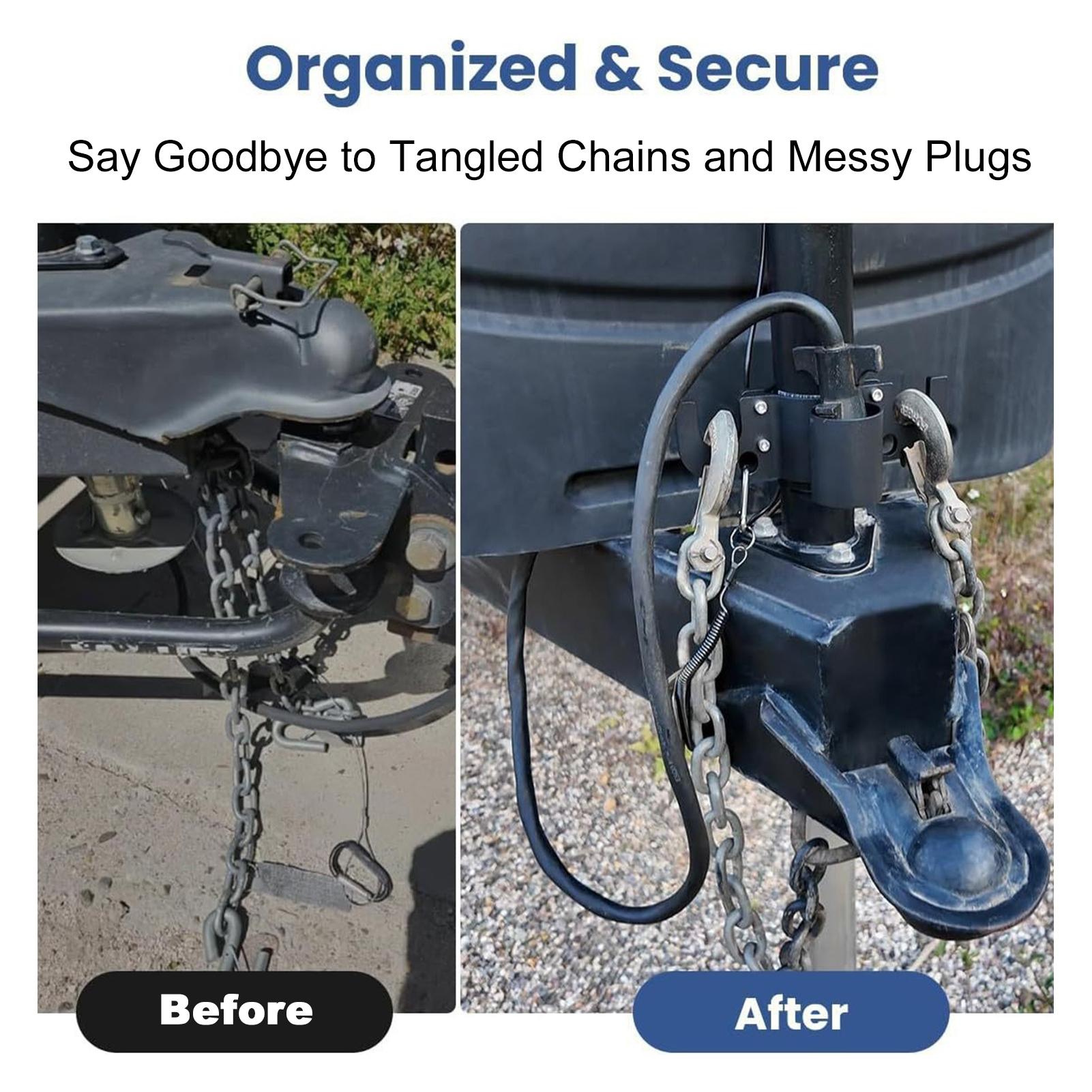 Trailer Towing Chain Organizer with 7 Way Plug Holder, Heavy Duty RV Tongue Jack Accessories Fit for 2 and 2 ¼