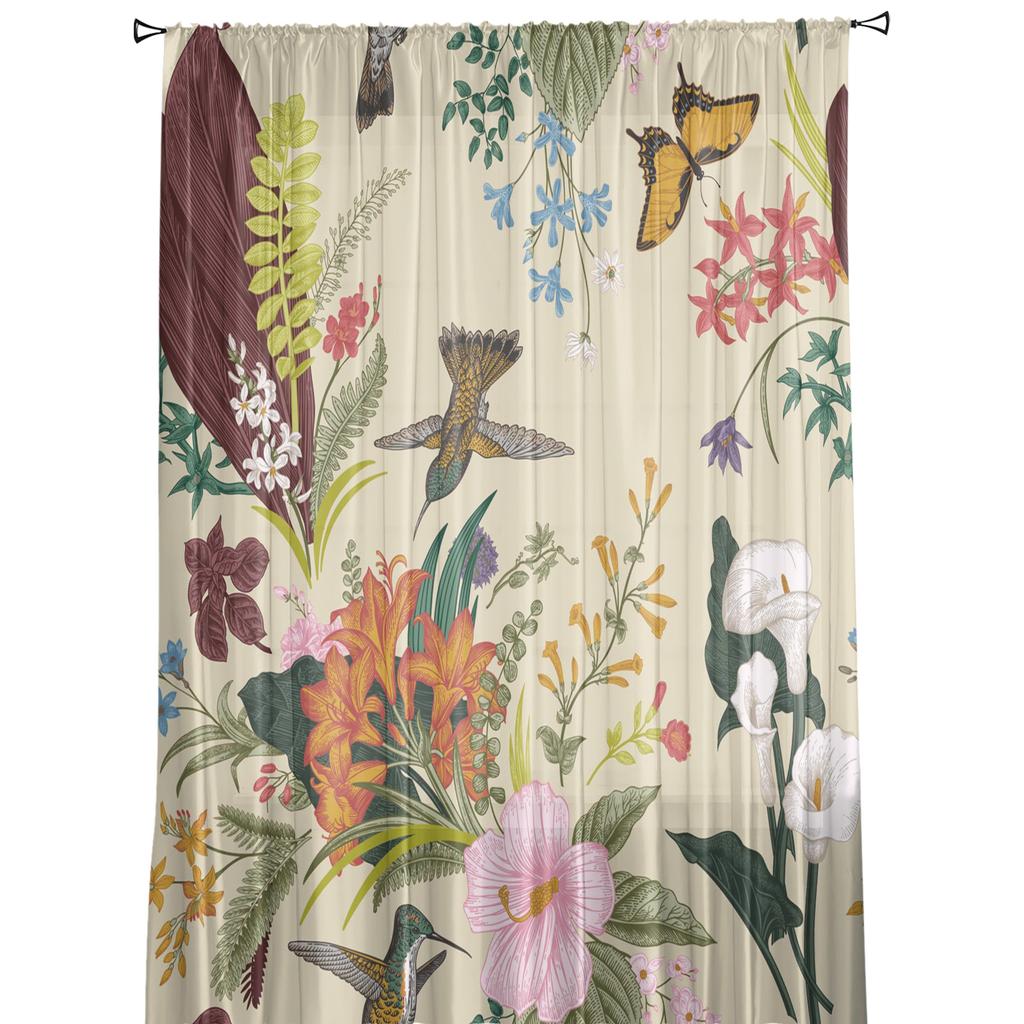 Květiny Ptáci Motýl Retro styl Tyl Průsvitné Okenní Závěsy do obývacího pokoje Ložnice Moderní Voál Závěsy Organza Závěsy