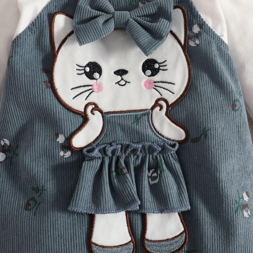 Floral Cat Long Sleeve Suspender Bodysuit & Headband for Baby Girls (0-2 Yrs)