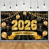 Happy New Years Eve Supplies 2026 - Black and Gold Large New Years Backdrop 2026, New Year Eve Banner Party Decorations 2026 Party Decor for Adults