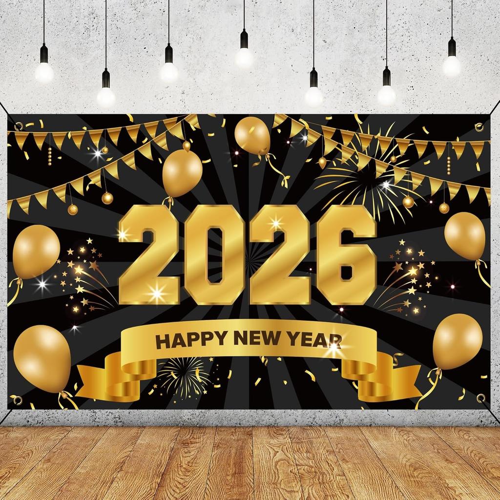 Happy New Years Eve Supplies 2026 - Black and Gold Large New Years Backdrop 2026, New Year Eve Banner Party Decorations 2026 Party Decor for Adults