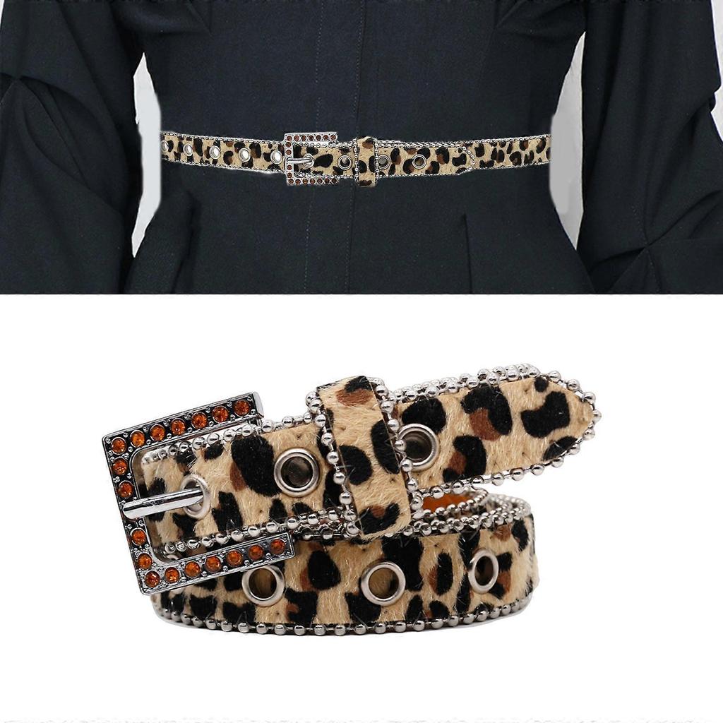 Unique Waist Chain Rhinestones Buckle Leopard Print Chain Cowgirl Belt for Women Proms Club Party for Jeans Dresses Purple 95
