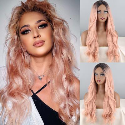 Women Fashion Long Wavy Ombre Pink Wig Without Bangs Synthetic Fiber Natural Wavy Cosplay Daily Wear Pink Wig