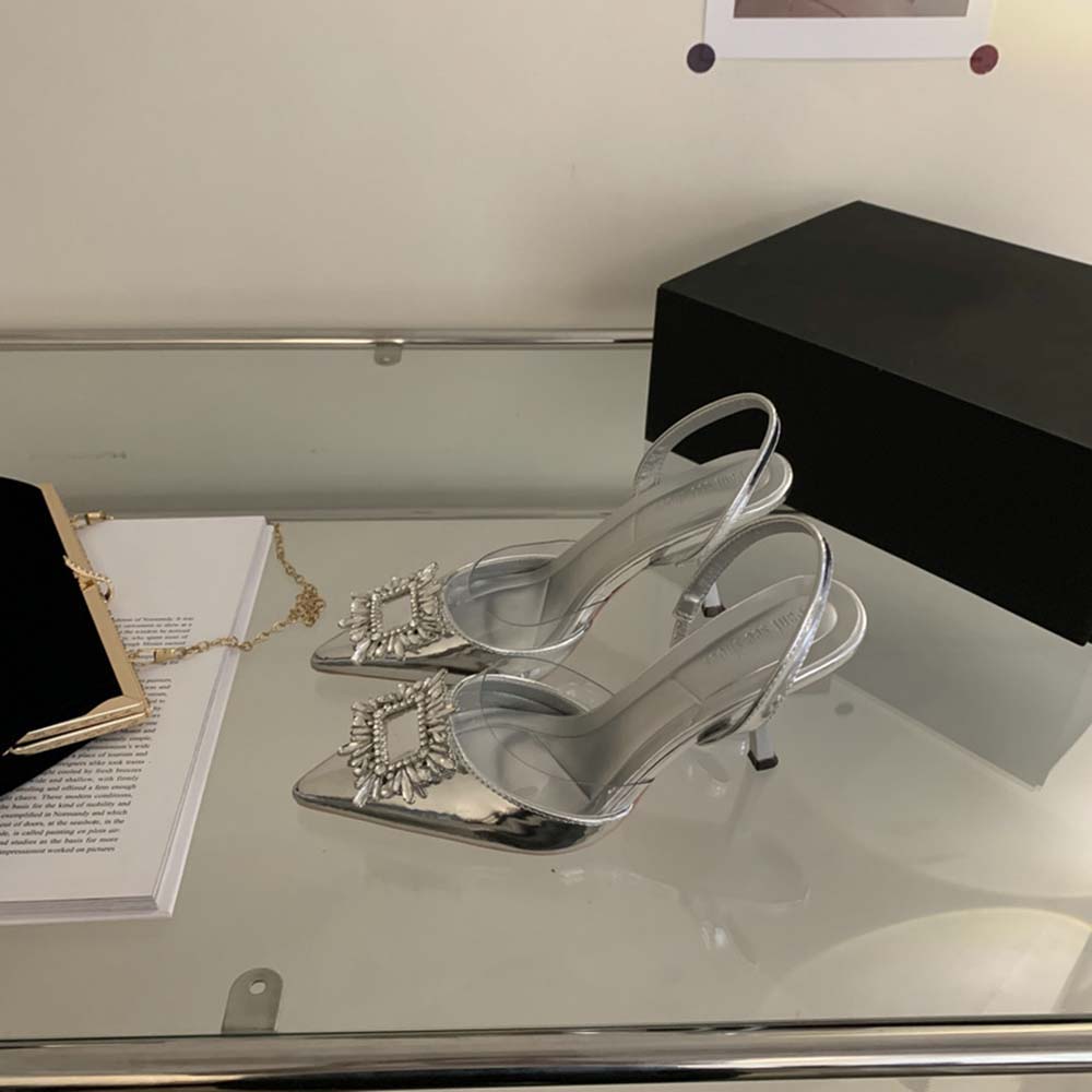 Fashion Black Beige Silver Women Sandals Pointed Toe Summer Dress Shoes Thin High Heels Rhinestone Buckle Back Strap Slides Wedding 39