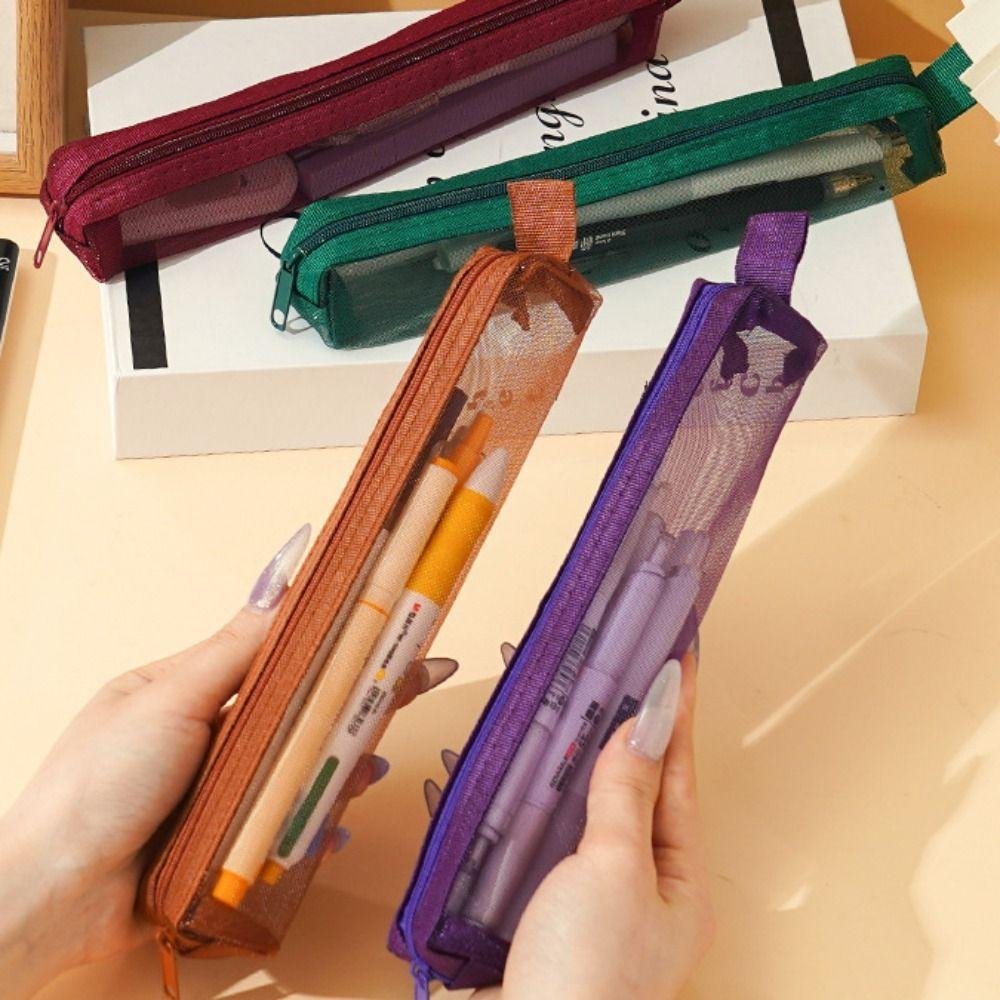 5Pcs Portable Pencil Storage Bag Casual Zipper Stationery Pouch Trendy Mesh Pencil Case Student