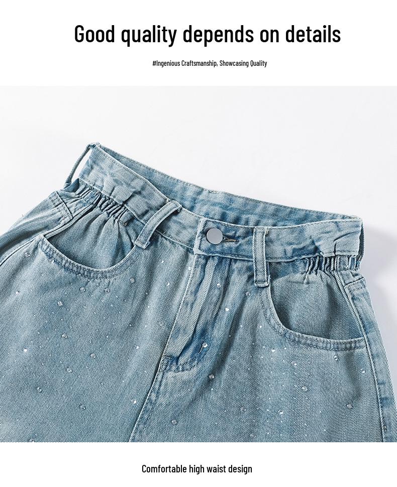 Women's Summer Slimming Rhinestone Denim Hot Pants - Loose Wide-Leg Petite Style