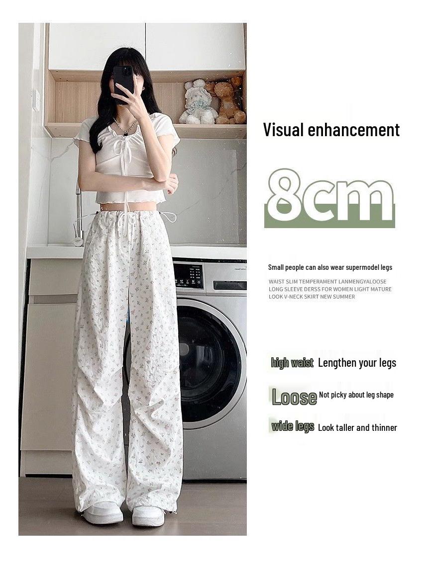 

Женский комбинезон с цветочным принтом и высокой талией - Весна/Осень, Свободный крой, Широкие брючины, Белый M (Up to 52.5 kg)