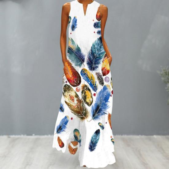 Summer Dress V-neck Sleeveless Floral Print Loose Hem Full Length Dressing Up Thin Women Floral Print A-Line Vest Maxi Dress Daily Clothing