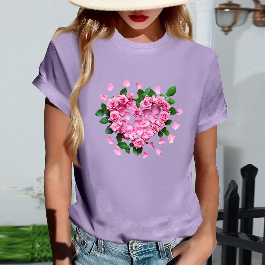 Women's Fashionable Round Neck Casual Retro Print Short Sleeved T-shirt Top