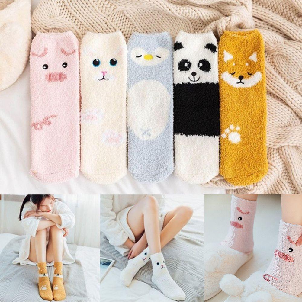 Fluffy Cartoon Animal Winter Warm Coral Velvet Socks Thickening Sleep Bed Sock Embroidery