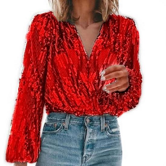 European & American V-Neck Sequin Women's Fashion Top