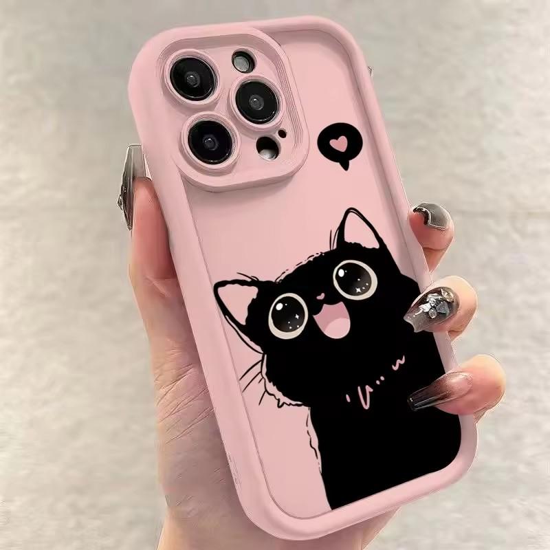 Lovely Black Cat Silicone Case For iPhone 16 15 13 12 11 14 Pro Max Plus 16E 16 Plus SE2 8 7 Plus X XS XR Shockproof Back Covers