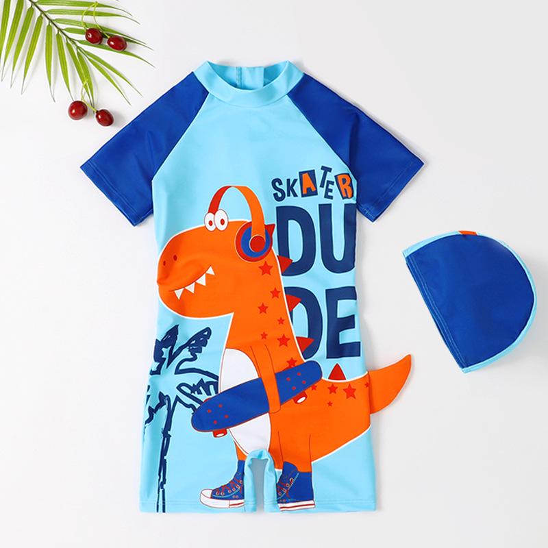 

2025 Cute Cartoon Boys One-Piece Swimsuit & Shorts for Kids - Short Sleeve, Conservative Design 5 Years небесно-голубой
