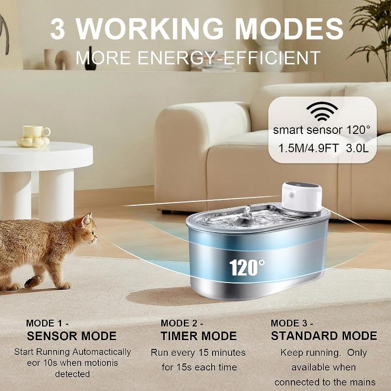 Fuente de Agua para Mascotas Inalámbrica de Acero Inoxidable, 3.0L, Operada por Batería Recargable para Gatos en Interiores con Sensor de Movimiento