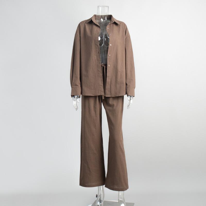 Women Casual Solid Color Cotton Linen Shirt Pants Suits Fashion Single Breasted Blouses Elastic Waist Pants Set Spring Loose Outfits