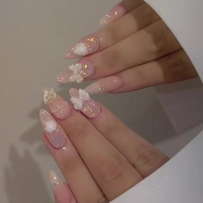 24 Pieces Pink and White Girl Wearing Nail Sweet Color Scheme Ins Wind Fake Nail Removable Nail Art Piece Diamond