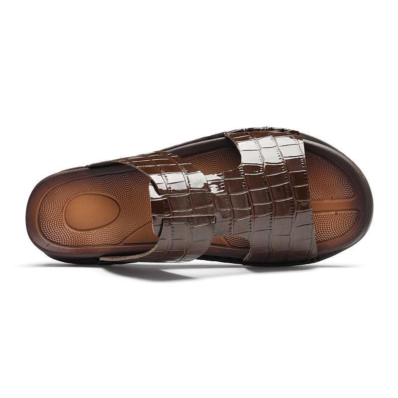 Men's Korean Style Embossed Cowhide Flip-Flops - Crocodile Pattern Single Strap Beach Sandals