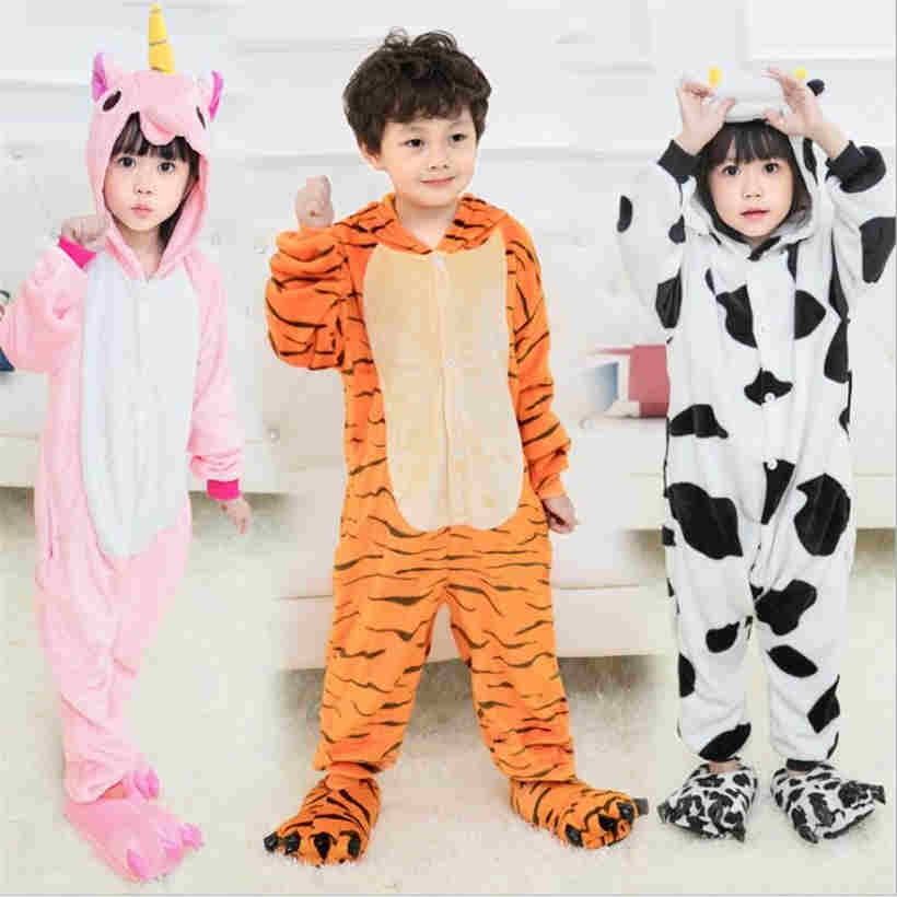 Autumn Winter Cartoon Animal One Piece Children Pajamas Flannel Coral Velvet Seepwear Set