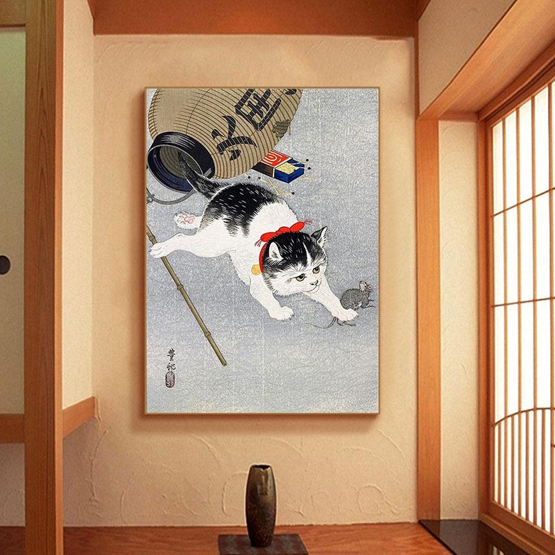 Retro Art Poster Japanese Style Funny Tattoo Pattern Cat Pictures Canvas Print Living Room Wall Art Corridor Home Decor Painting