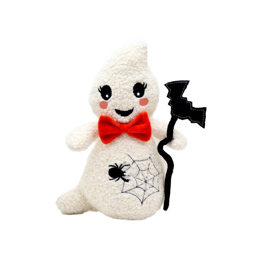 Plush Ghost Toy Halloween Stuffed Animal with Spider Web Design and Bow Tie Soft Fabric Gift for Holiday Decoration and Collectible