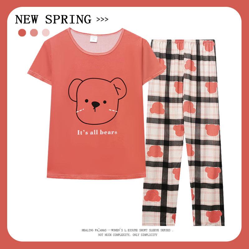 Women's Korean Style Summer Pajama Set - Cute Cartoon Design, Short Sleeve Top, Long Pants, Plus Size