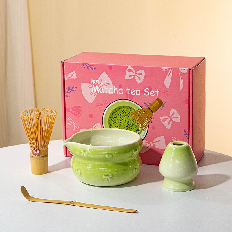 8pcs Authentic Japanese Tea Ceremony Set - Pink Ceramic Matcha Bowl with Whisk Stand